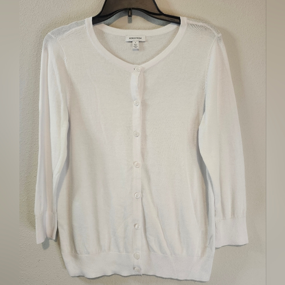 Nordstrom White Button Down Classic Cardigan Size Small Cotton Viscose Brand New - Picture 2 of 7